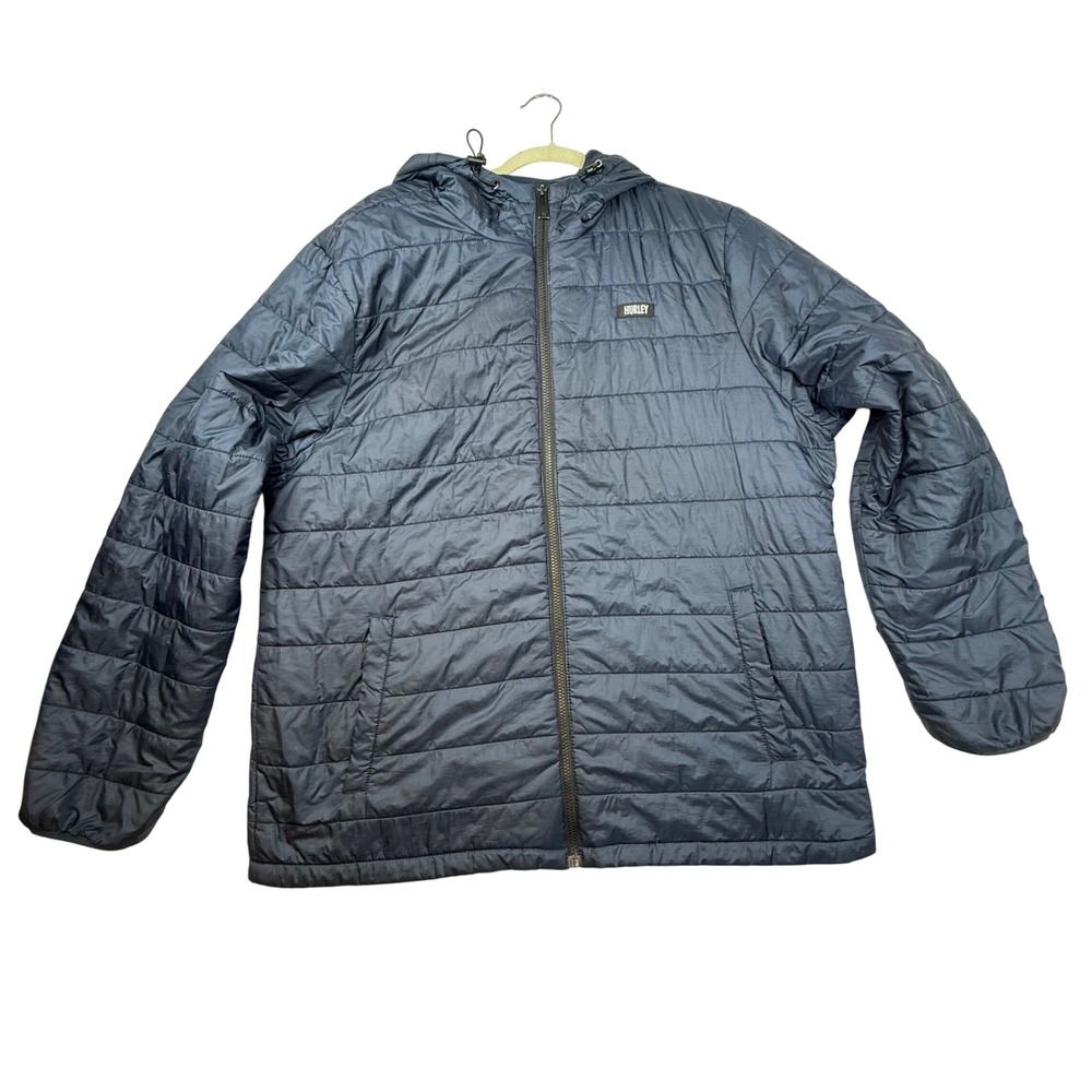Hurley‎ Puffer Jacket Hooded Navy Blue Men's XXL Lightweight Thermal spot rip